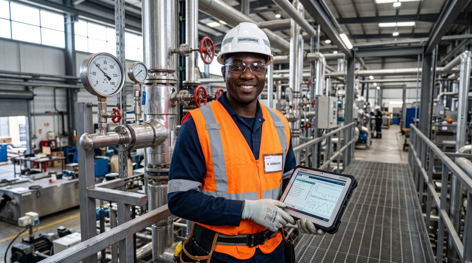 African technician with MAINTEX tablet - AI diagnosis on industrial site